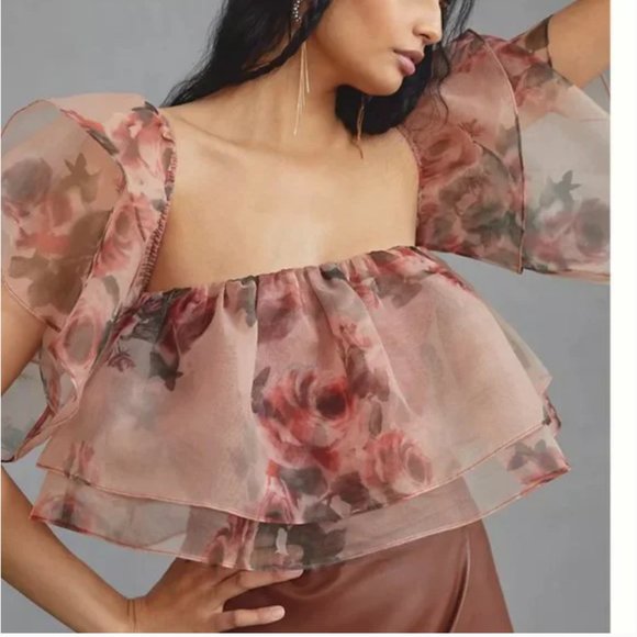 ⭐️ DOLAN Tiered Organza Floral Ruffle Party Classy Chic Romantic Valentine Top - Picture 1 of 5